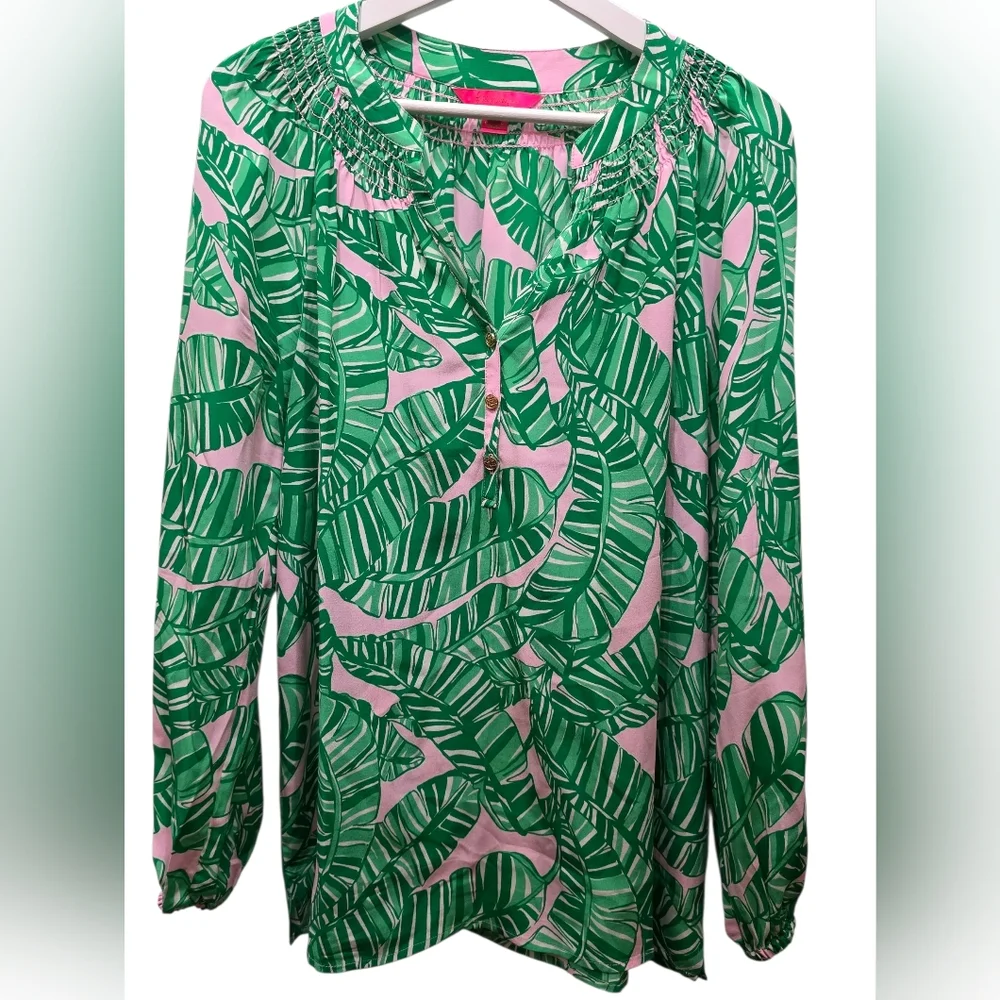 Lilly Pulitzer Elsa Silk Top Conch Shell Pink Lets Go Bananas Size LARGE - Picture 4 of 13